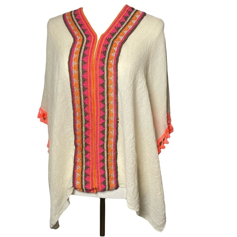 Colorful Embroidered Poncho Beach Cover Up One Size